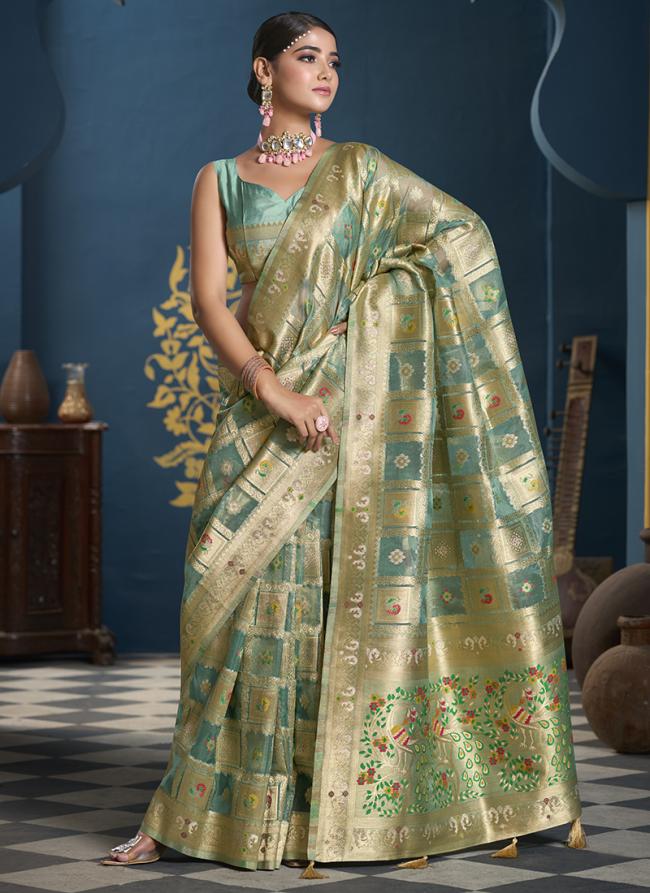 Organza Sky Blue Party Wear Weaving Saree